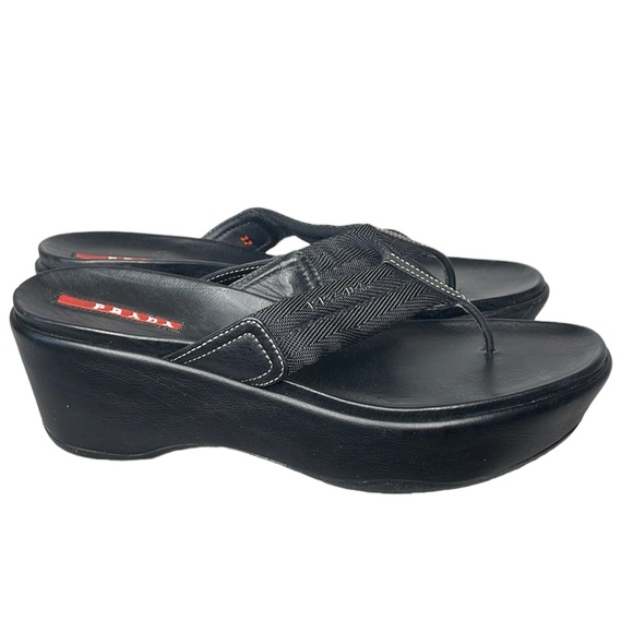 PRADA VINTAGE THONG SANDAL BLACK CANVAS THONG w/ BLACK LEATHER WRAPED WEDGE SZ 7 - Picture 2 of 12